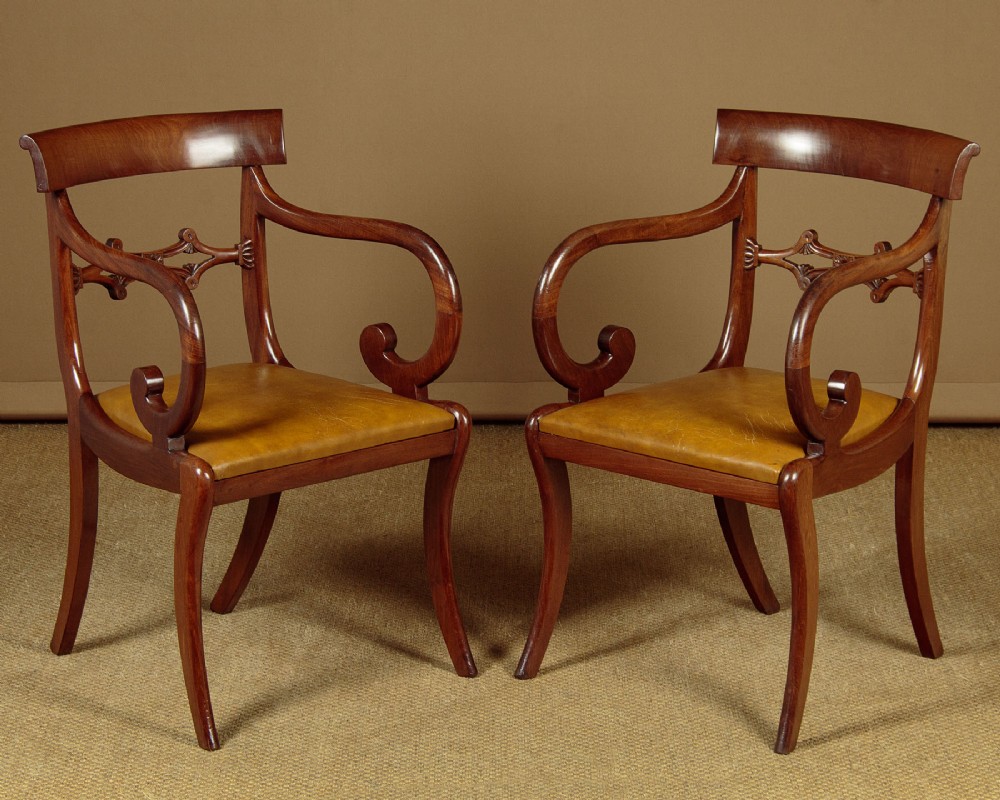 Pair of Regency Scroll Arm Open Armchairs c.1830