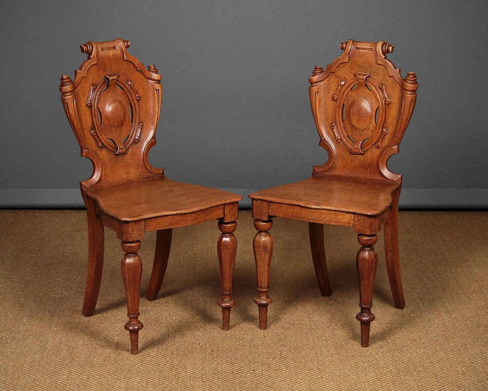 Pair of Carved Oak Hall Chairs c.1850
