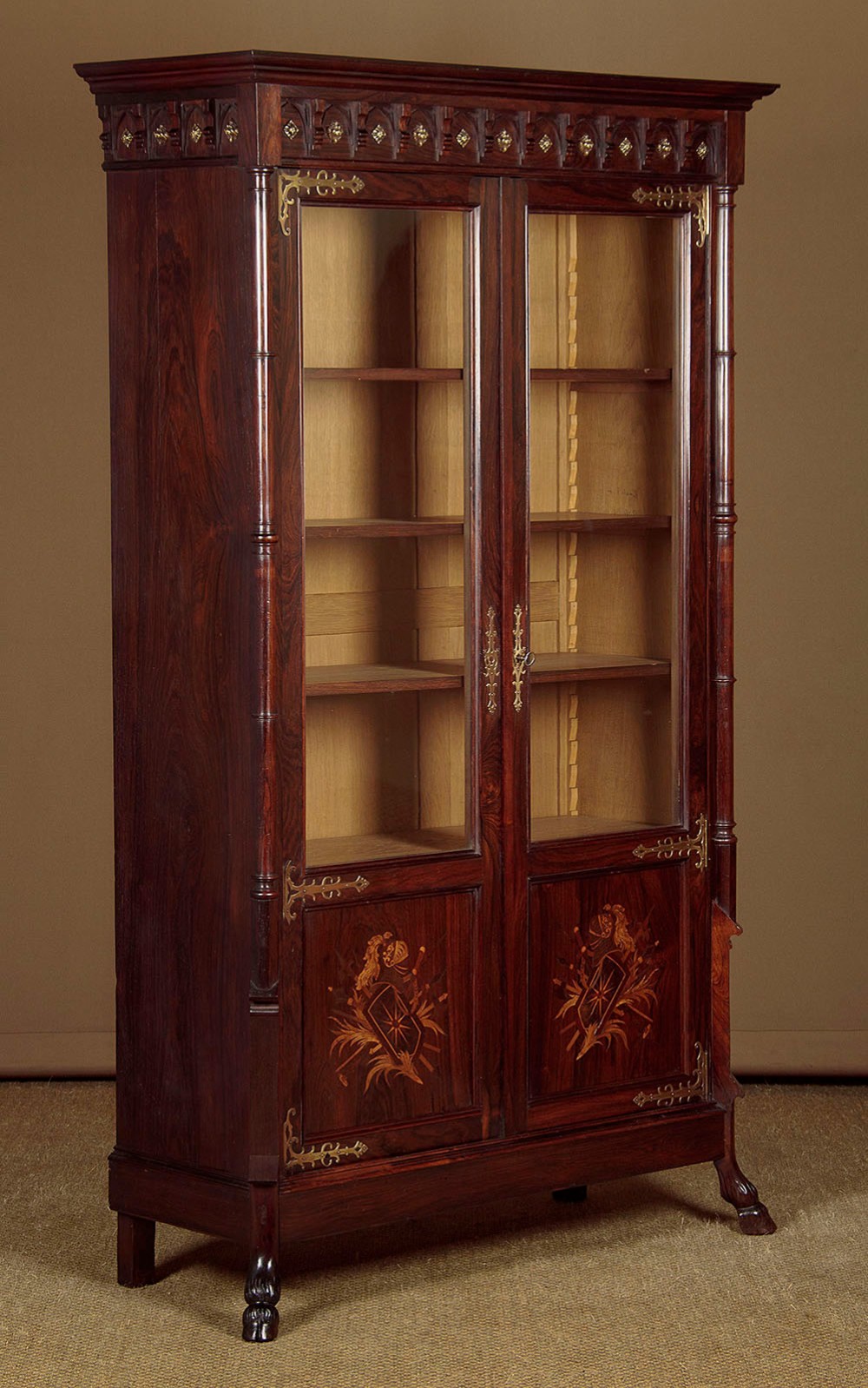Gothic Revival Carved & Inlaid Rosewood Bookcase c.1890