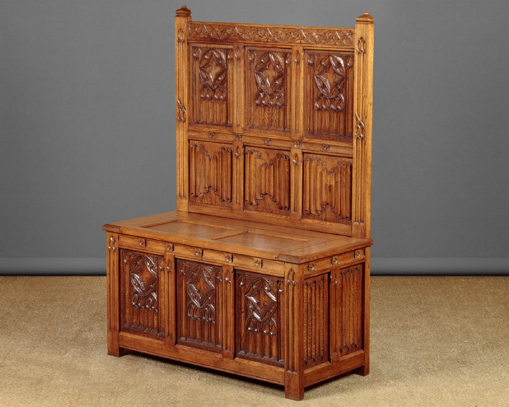 Gothic Carved Oak Box Settle c.1930