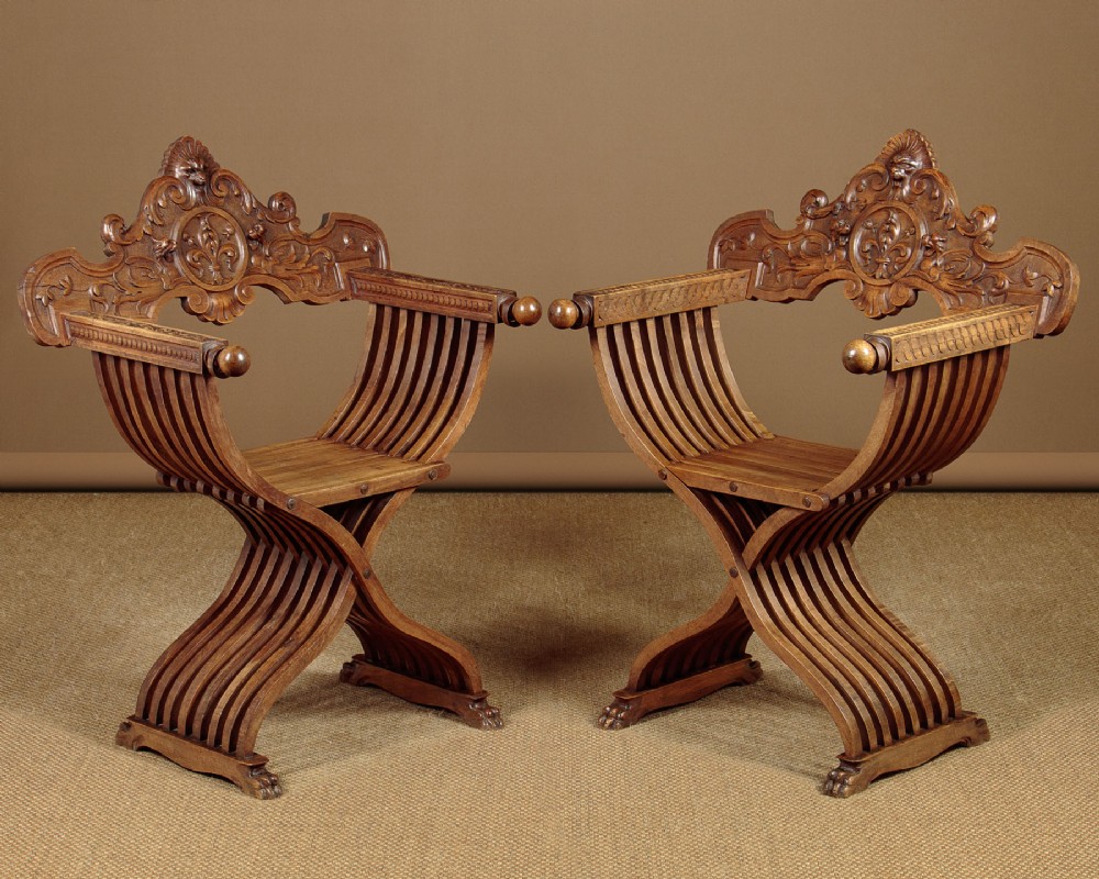 Pair of Walnut Folding Savonarola Armchairs c.1900