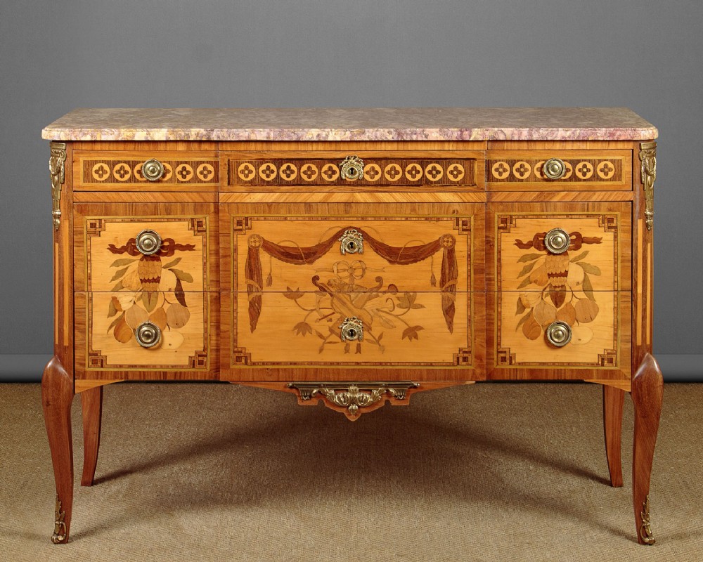 Marquetry Inlaid Marble Top Commode c.1930
