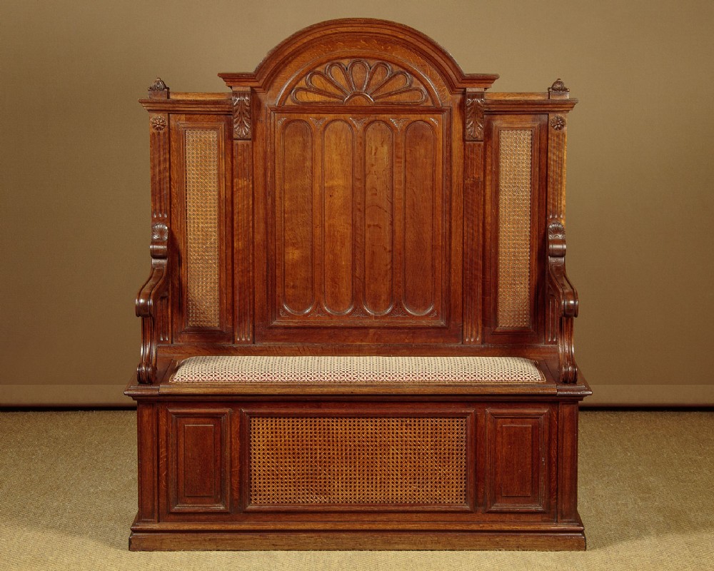 Oak Box Settle with Canework Panels c.1905