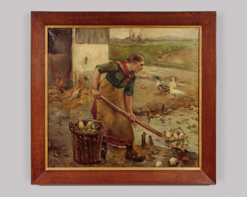 Large Dutch Farm Scene Oil Painting c.1920