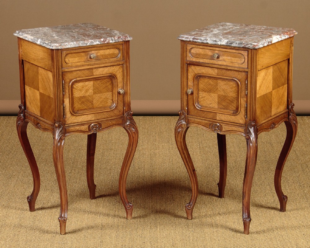 Pair of Walnut & Marble Top Bedside Cabinets c.1920