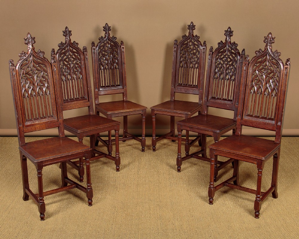 Six Carved Oak Gothic Chairs c.1880