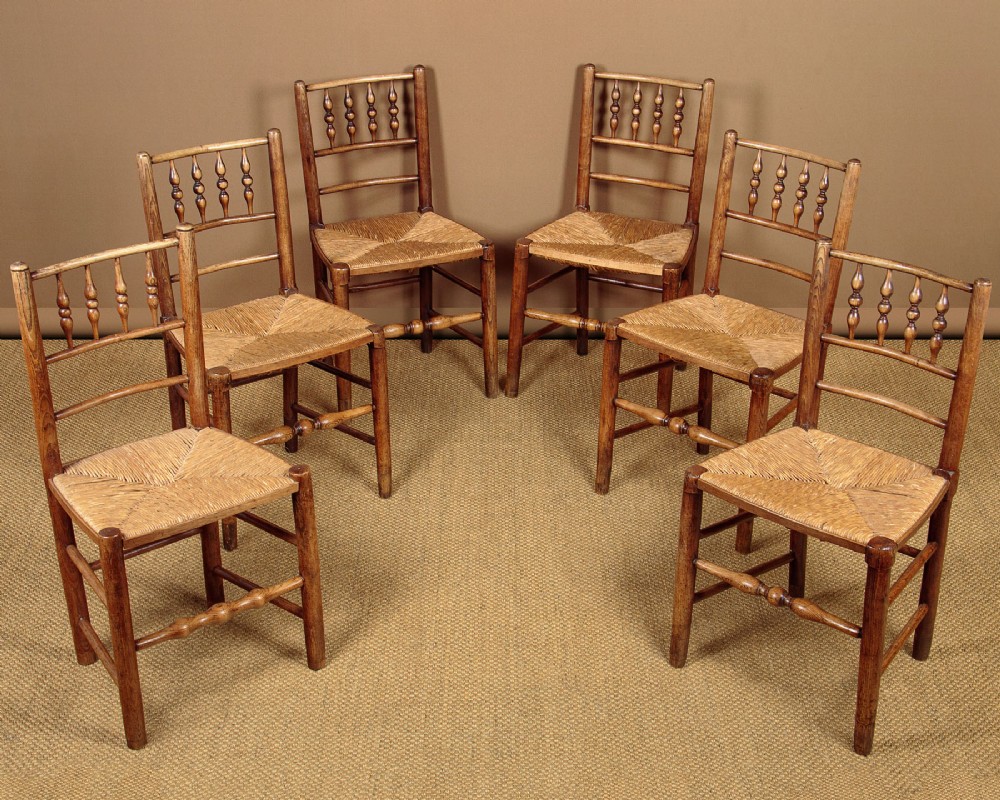 Set of Six Rush Seat Cottage Dining Chairs c.1880