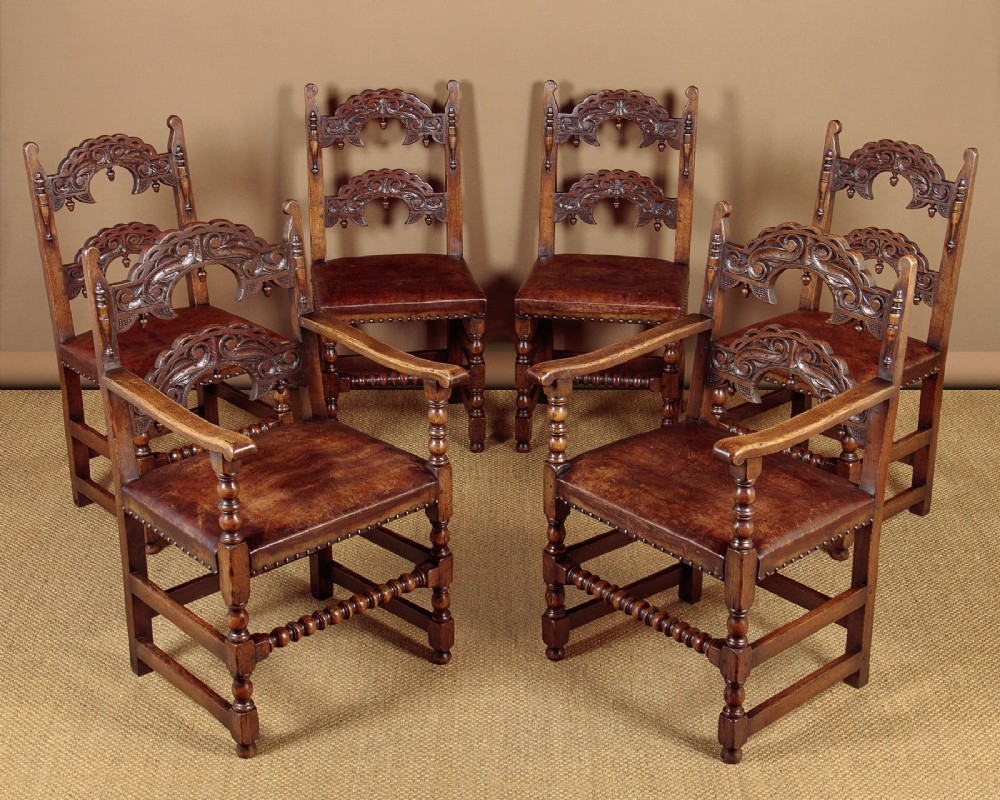 Set of Six 17th.c. Style Oak & Leather Dining Chairs