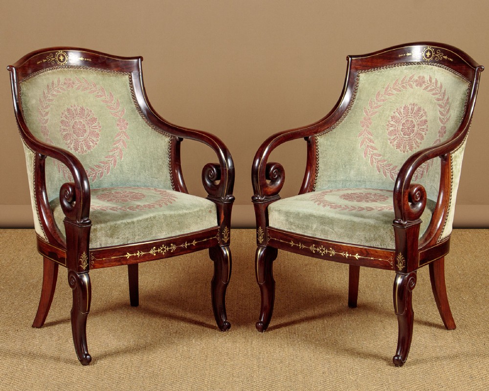 Pair of Empire Style Brass Inlaid Armchairs c.1900