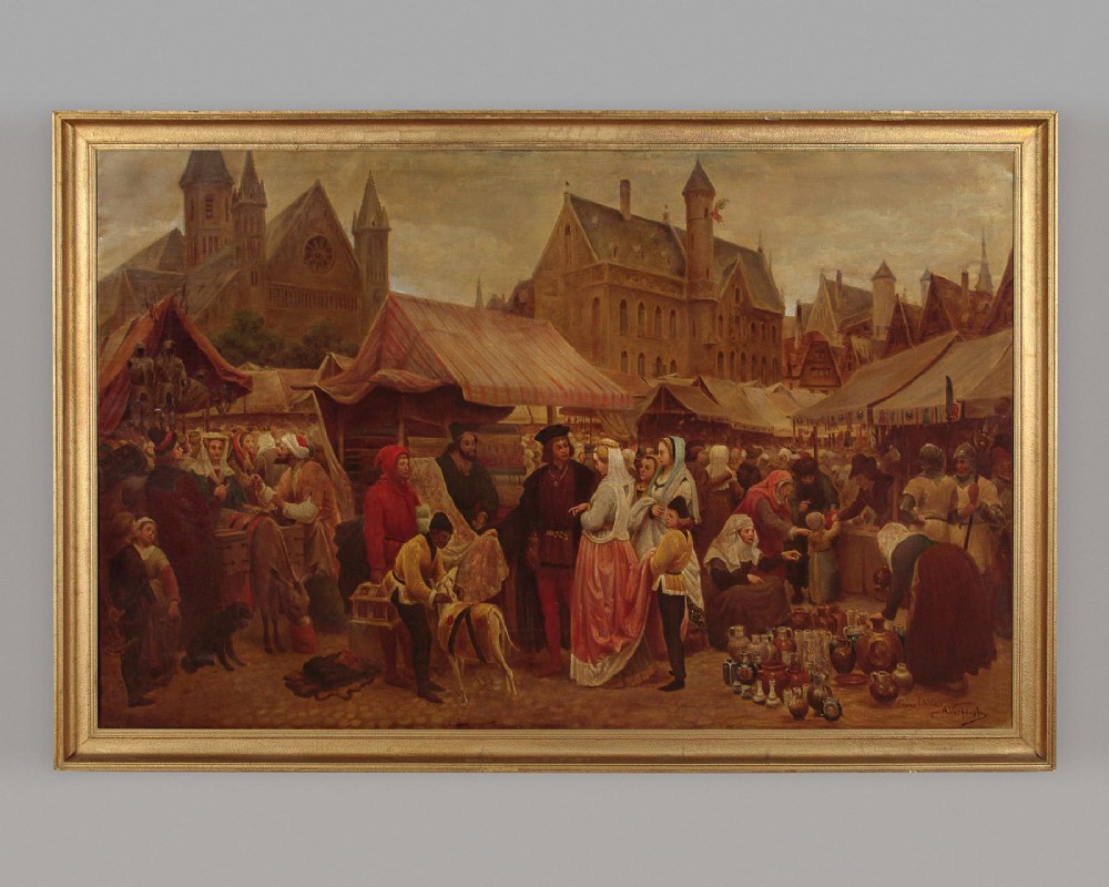 Very Large Oil Painting of a Market in Ghent after Felix De Vigne c.1920