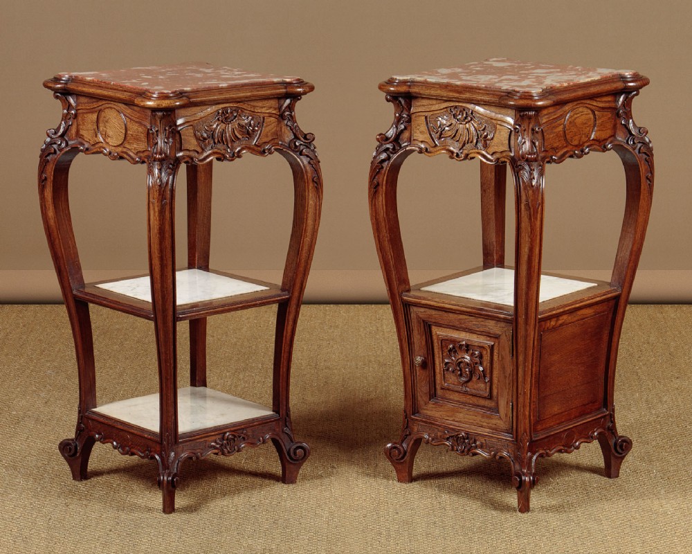 Pair of Carved Oak & Marble Top Bedside Tables c.1920