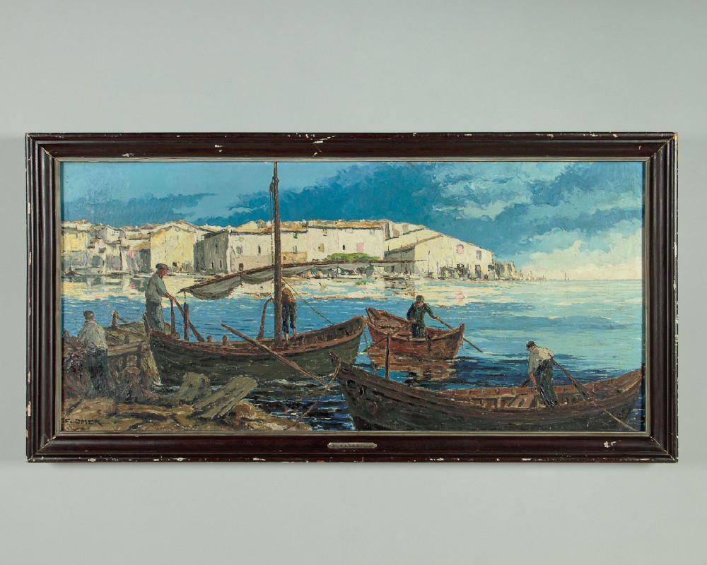 Large Oil Painting 'Les Martigues' by Francois Omer c.1930