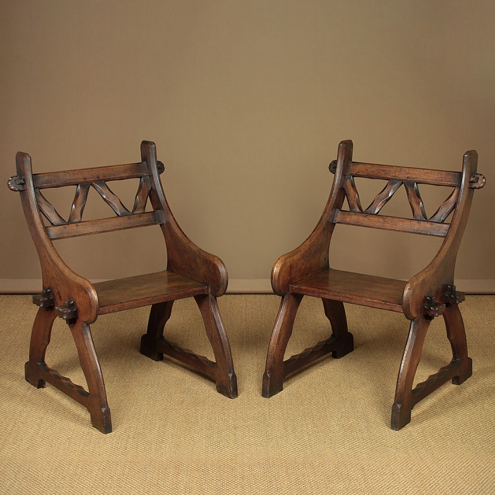 Pair of Gothic Revival Oak Hall Chairs c.1870