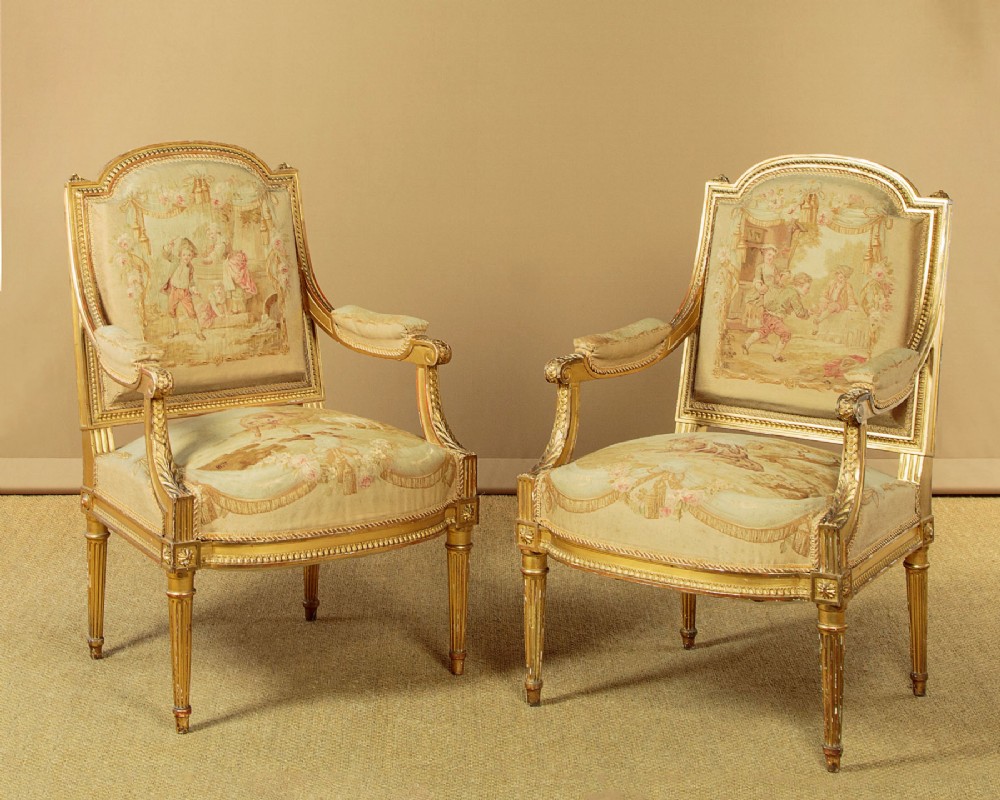 Pair of Louis XVI Style Giltwood Armchairs with Original Tapestry Covers c.1880