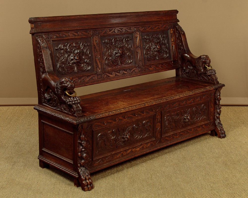 Carved Oak Box Settle c.1890