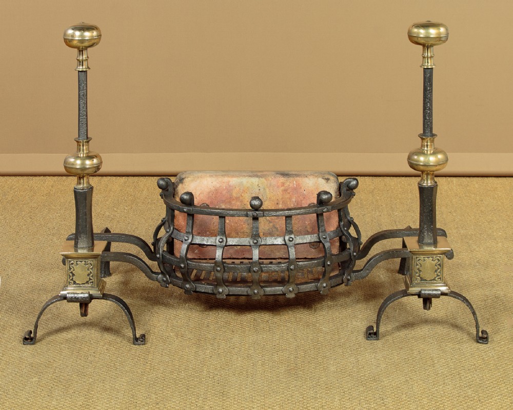 Wrought Iron Fire Basket & Andirons c.1900