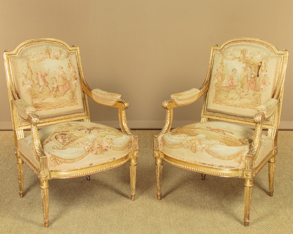 Pair of Louis XVI Style Giltwood Armchairs with Original Tapestry Covers c.1880