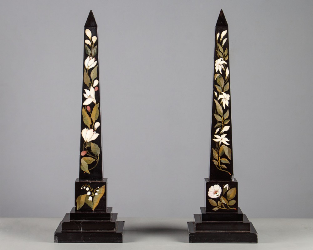 Pair of Ashford Black Marble & Pietra Dura Inlaid Marble Obelisks c.1860