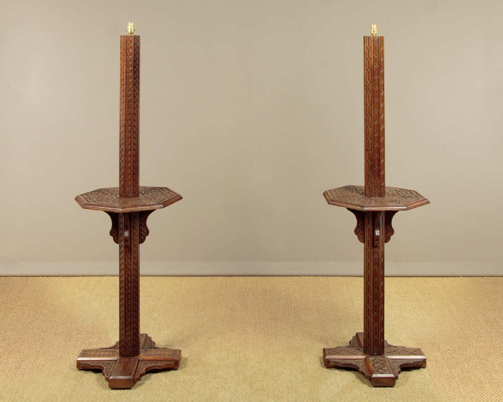 Pair of Carved Mahogany Standard Lamps with Tables c.1920