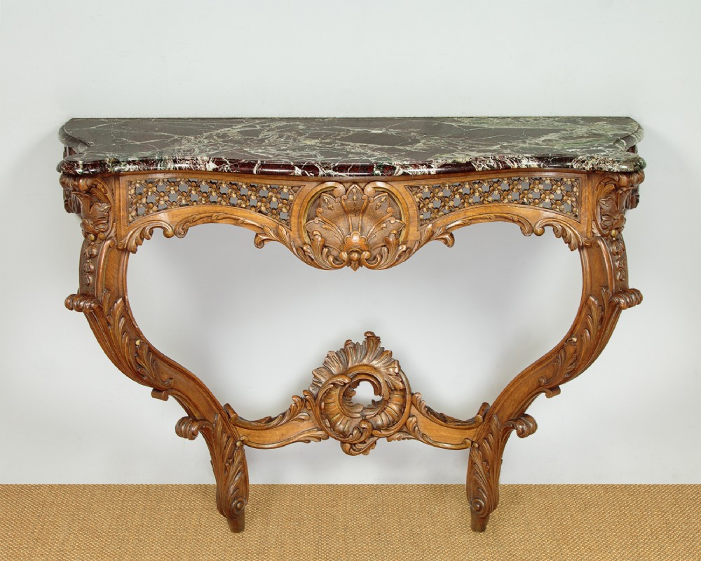 Carved Walnut & Marble Top Console Table c.1930