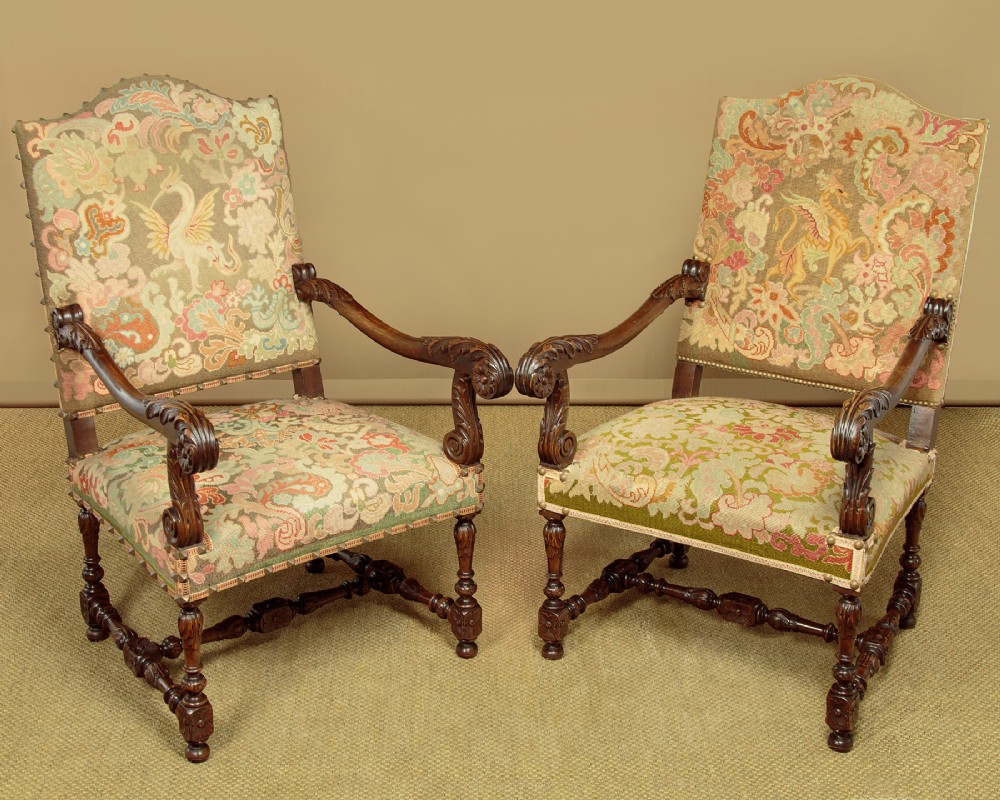 Pair of Large Carved Walnut Armchairs c.1930