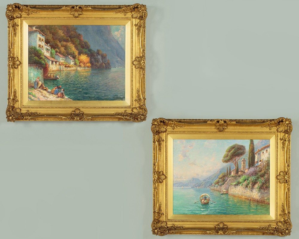 Pair of Framed Oil on Canvas Paintings of Lake Lugano by Max Usadel Dated 1922