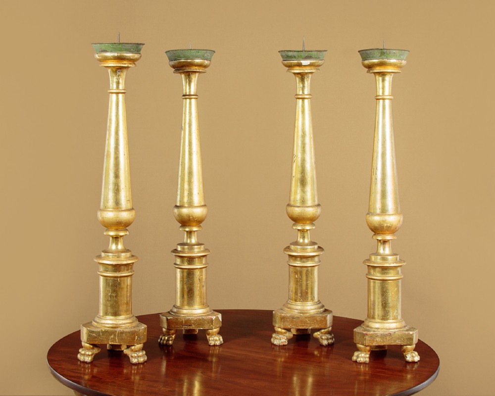 Four Large Giltwood & Toleware Candlesticks c.1810