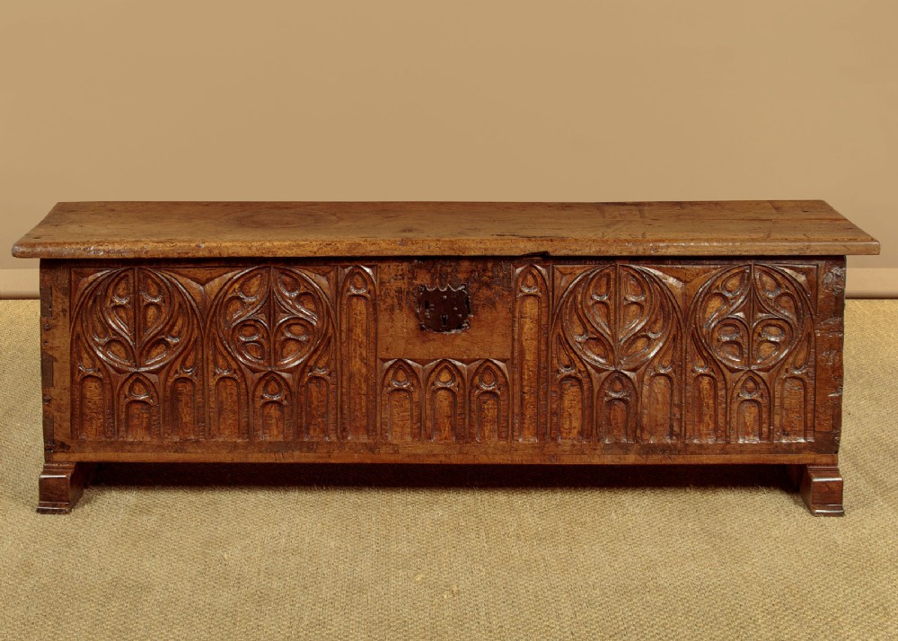 Long Gothic Carved Oak Coffer c.1900