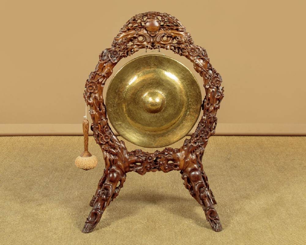 Exceptional Oriental Dinner Gong on Carved Stand c.1890