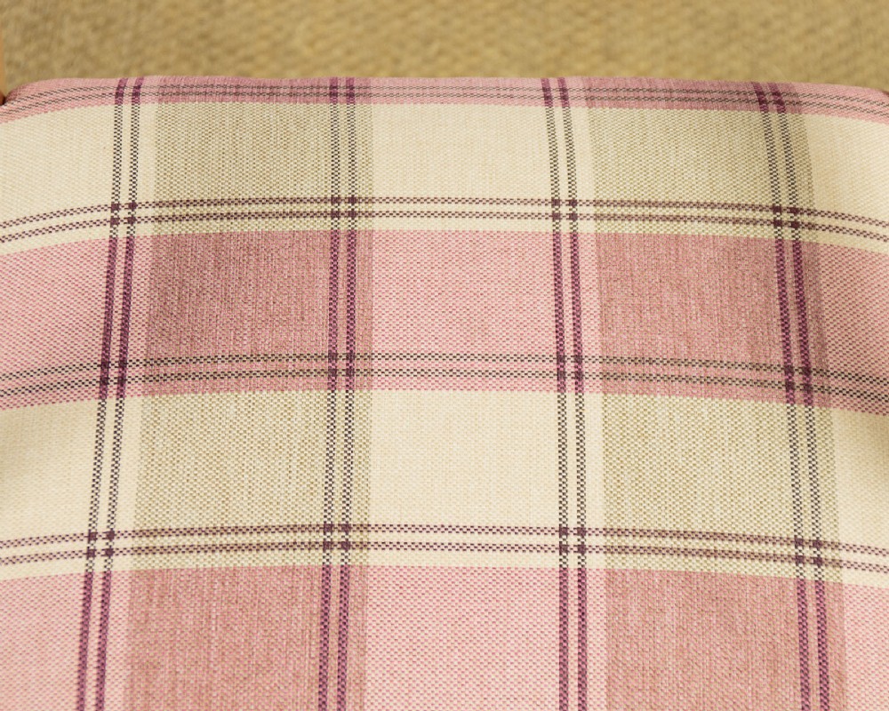 A pair of inlaid satinwood armchairs featuring arched spindle backrests and pink plaid upholstered seats. View X