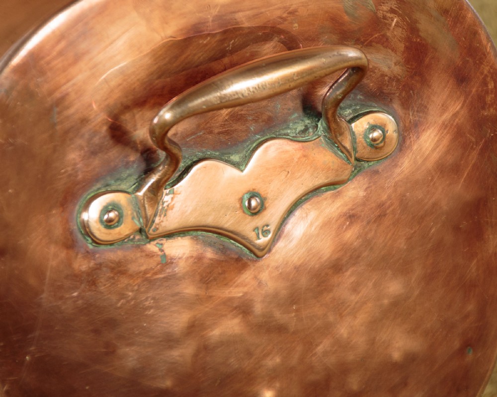 A pair of Victorian copper helmet-style coal scuttles featuring flared circular pedestals and curved swing handles. View XII
