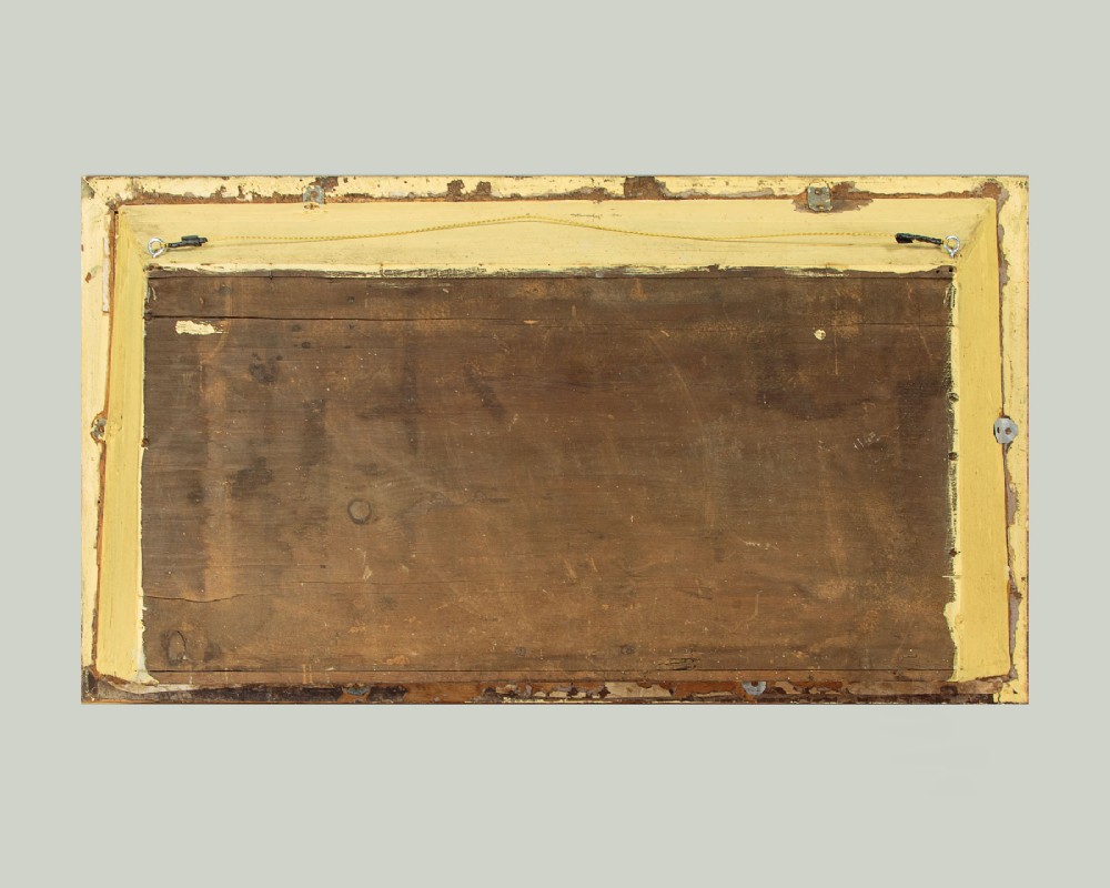 A three-dimensional antique maritime diorama featuring a three-masted sailing ship framed in a deep glazed wooden box with a painted sky and sea background. View XV