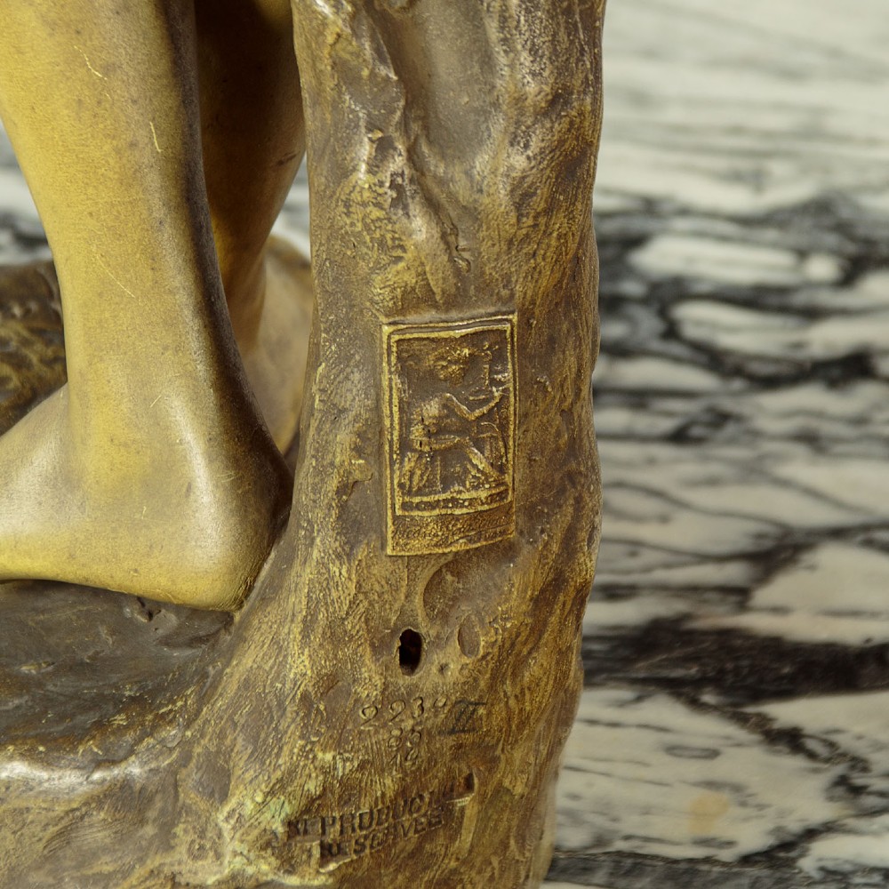 An Art Nouveau terracotta sculpture depicting a draped female water carrier holding two vessels. View XIV