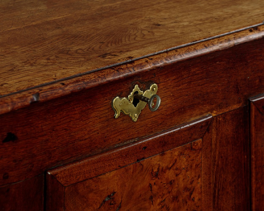 A late eighteenth-century Georgian dark oak mule chest featuring three burr elm inset panels and two lower drawers with brass handles. View VI