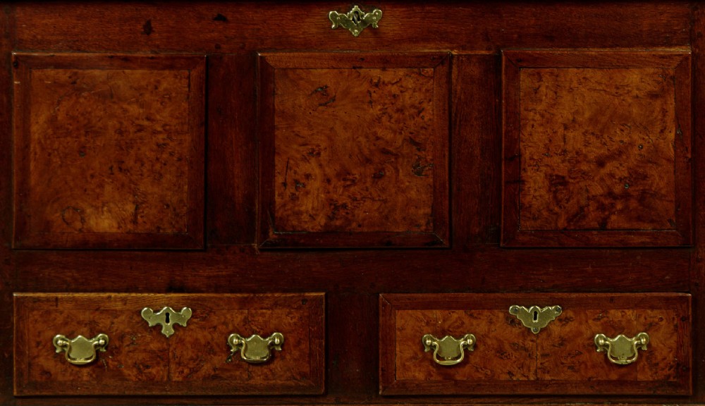 A late eighteenth-century Georgian dark oak mule chest featuring three burr elm inset panels and two lower drawers with brass handles. View VII