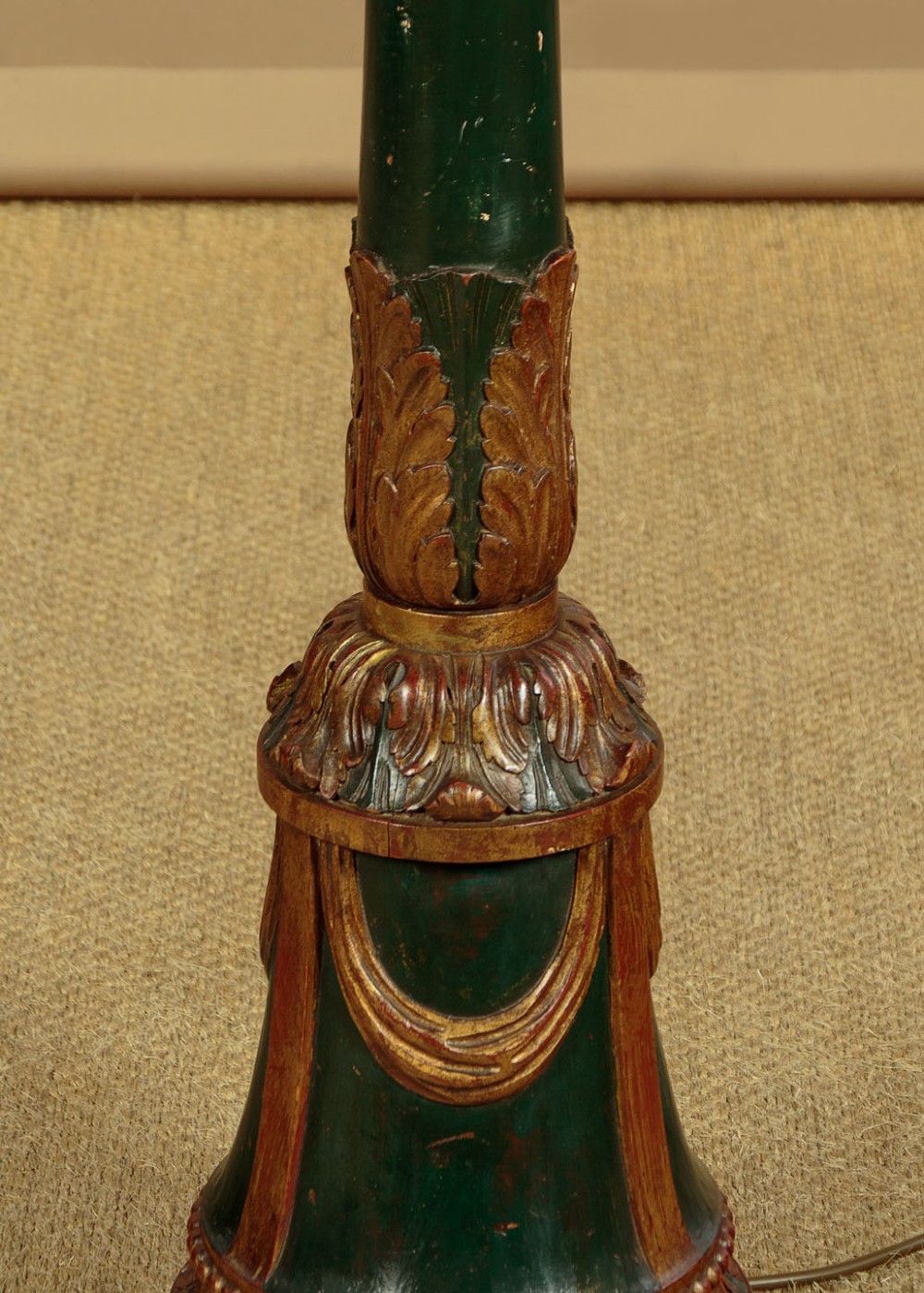 A tall Neoclassical style painted dark green and gilt wooden standard lamp featuring carved acanthus leaf details and a bell-shaped base. View VIII
