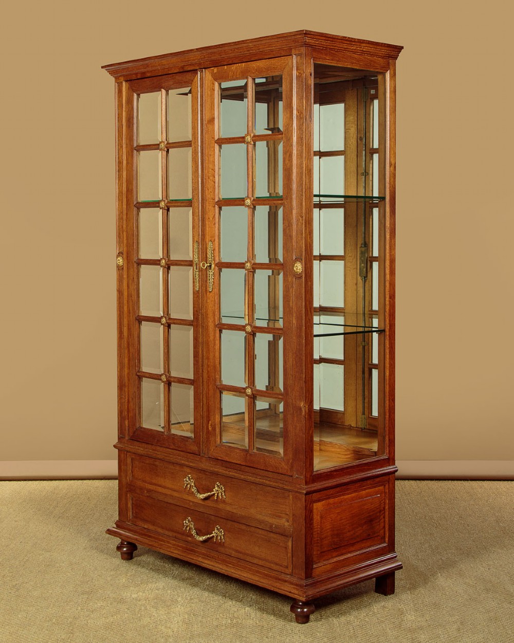 An Edwardian oak display cabinet featuring two glazed doors with gilt rosette mounts, a mirrored interior back, and two drawers at the base with swag handles. View III