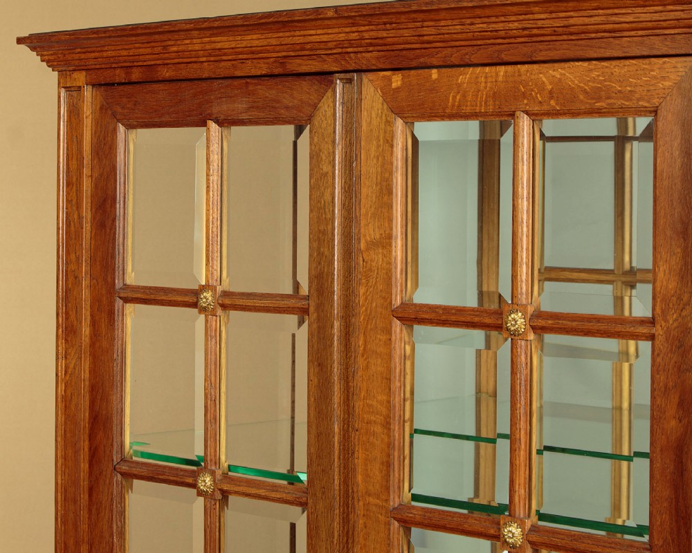 An Edwardian oak display cabinet featuring two glazed doors with gilt rosette mounts, a mirrored interior back, and two drawers at the base with swag handles. View V