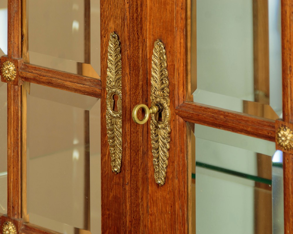 An Edwardian oak display cabinet featuring two glazed doors with gilt rosette mounts, a mirrored interior back, and two drawers at the base with swag handles. View VI