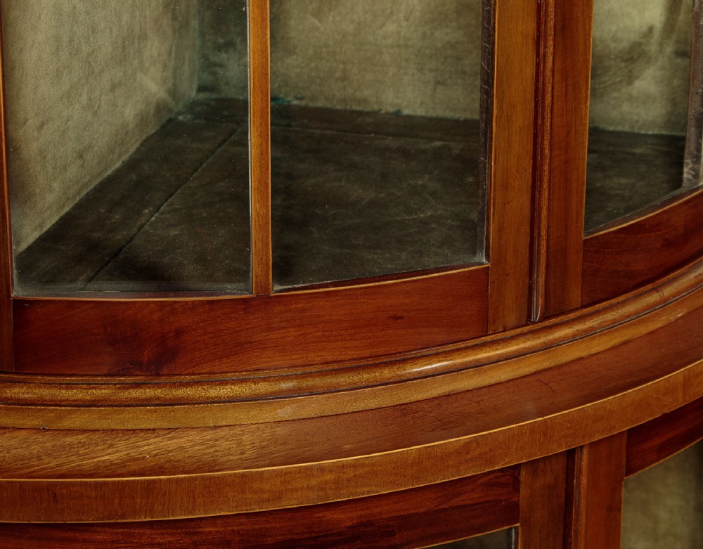 A two-tiered mahogany bow front corner display cabinet featuring upper gothic arch astragal glazing and lower glass panels. View IX