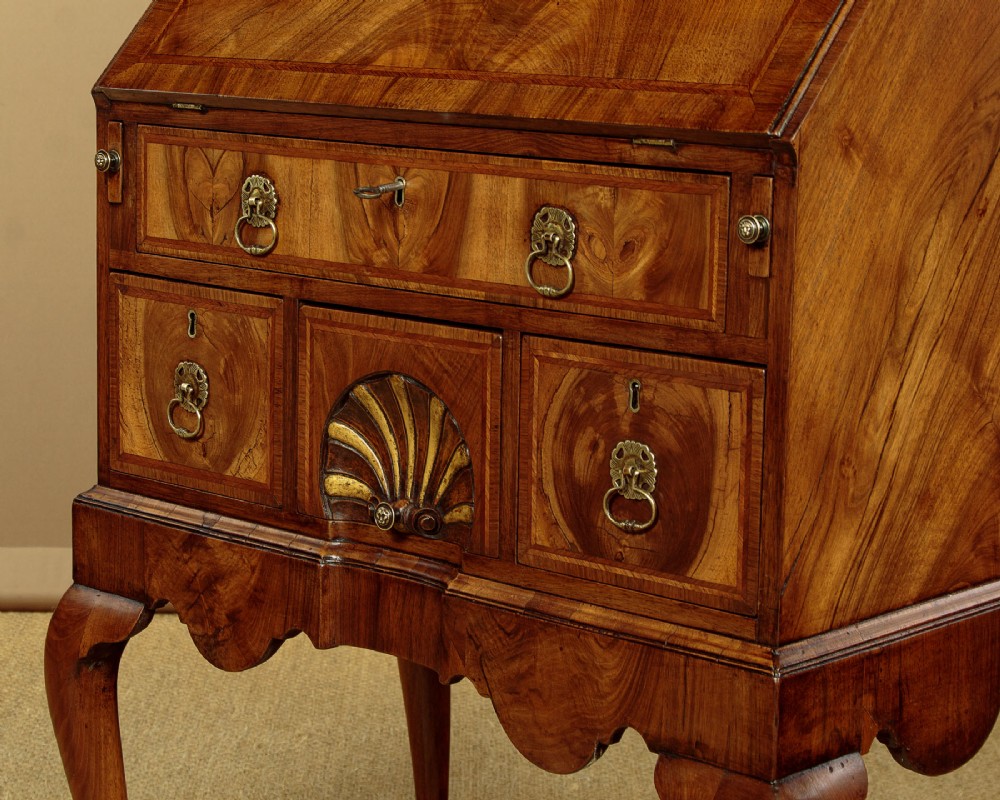 A Queen Anne style walnut bureau bookcase featuring a double-domed top, glazed upper doors, a slant-front writing slope, lower drawers with a carved shell motif, and slender cabriole legs. View XII