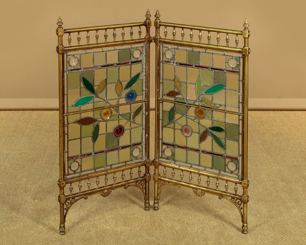 Brass & Leaded Glass Fire Screen c.1880