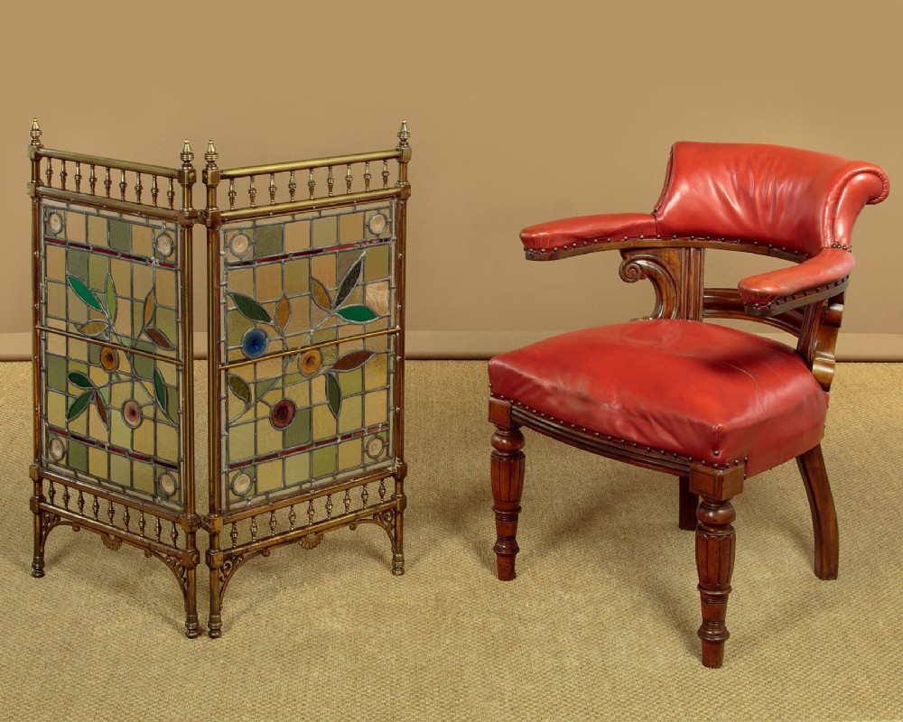 Brass & Leaded Glass Fire Screen c.1880 View II
