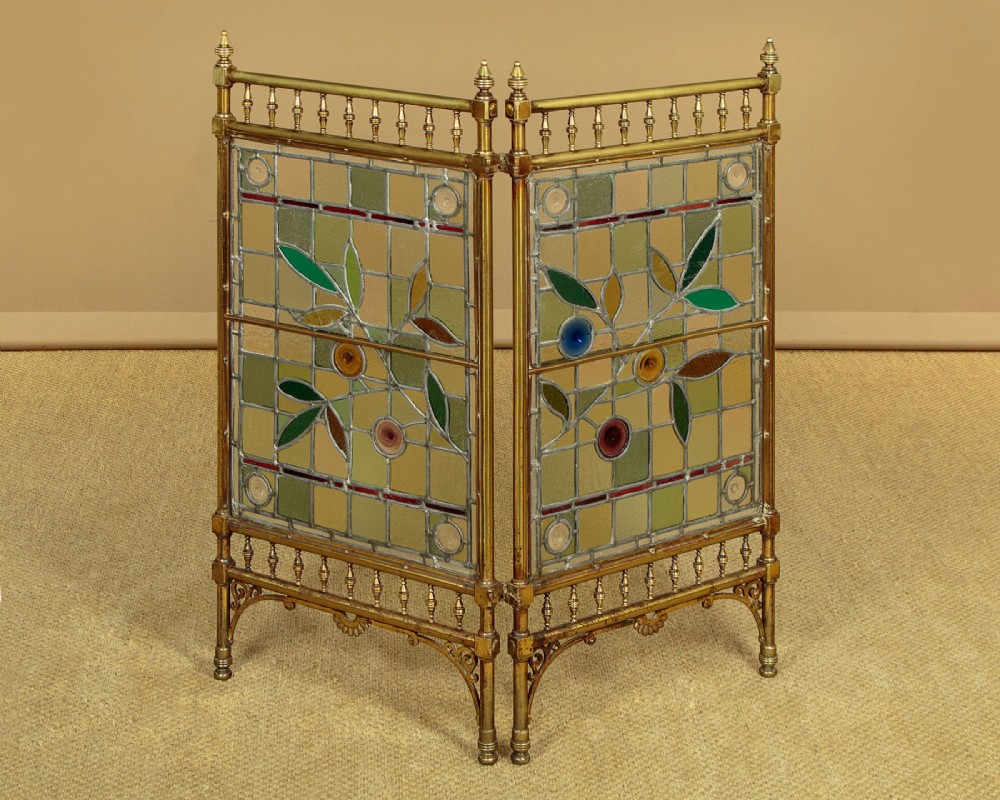Brass & Leaded Glass Fire Screen c.1880 View III