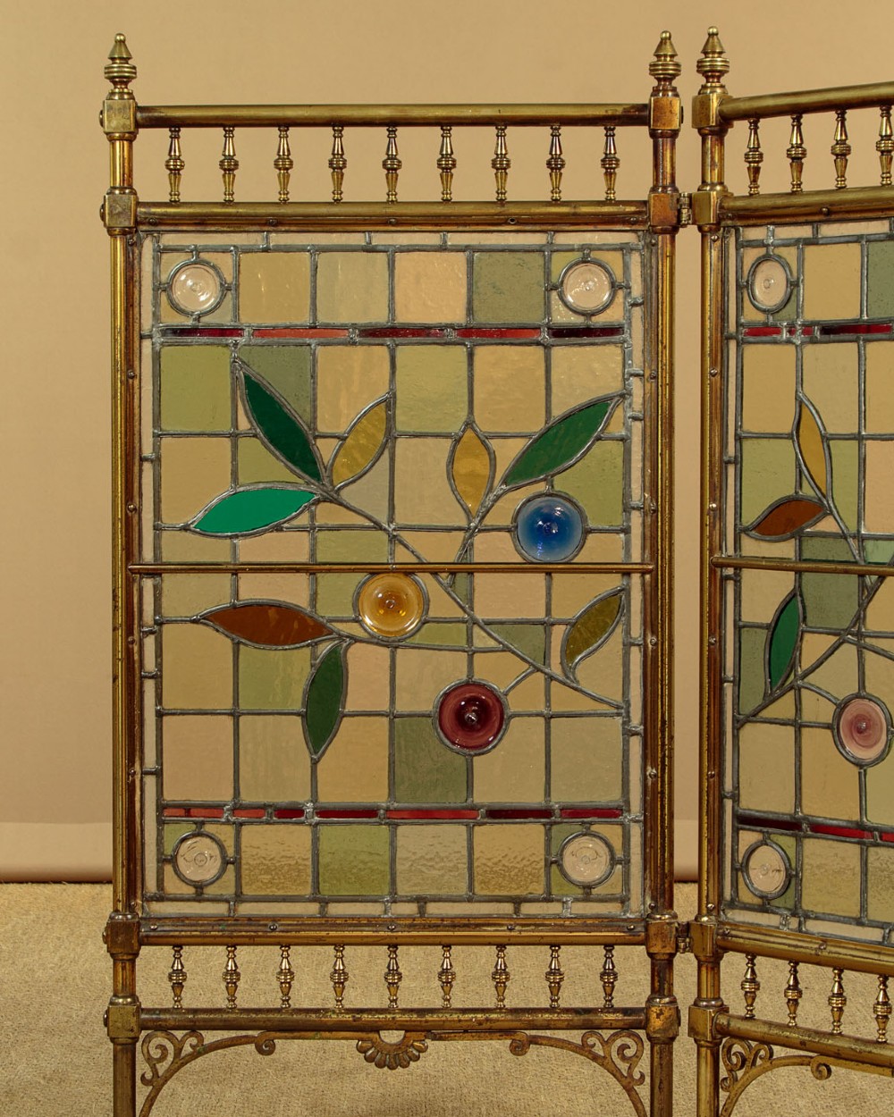 Brass & Leaded Glass Fire Screen c.1880 View VI