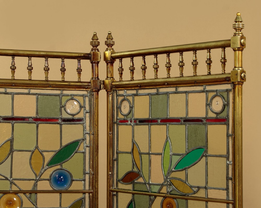 Brass & Leaded Glass Fire Screen c.1880 View VII