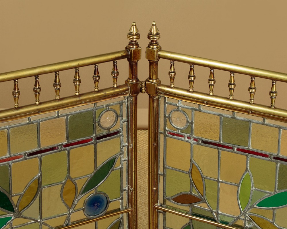 Brass & Leaded Glass Fire Screen c.1880 View VIII