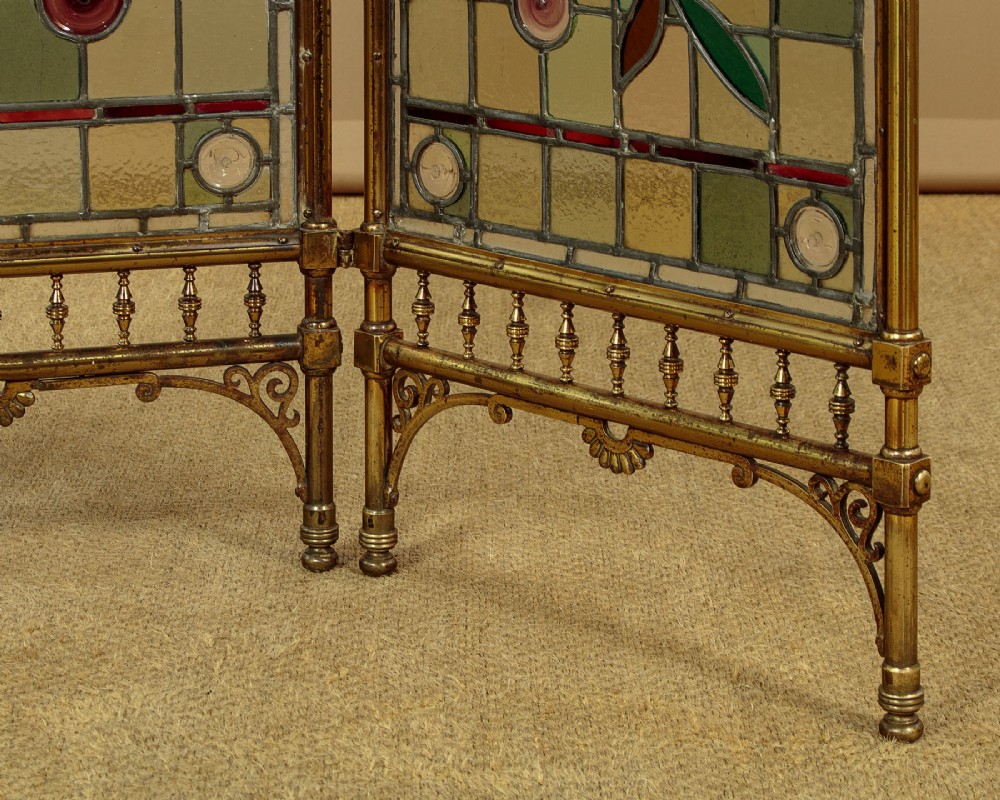 Brass & Leaded Glass Fire Screen c.1880 View XIII