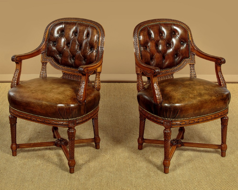 Pair of Walnut & Leather Armchairs c.1910