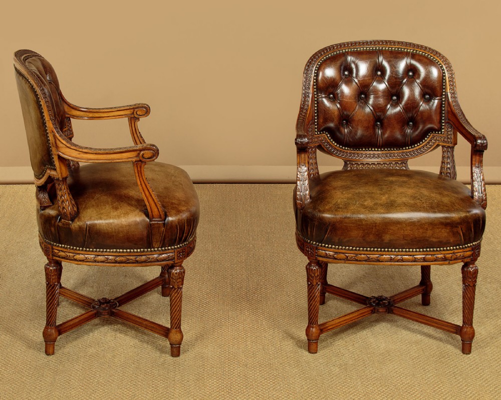 Pair of Walnut & Leather Armchairs c.1910 View II